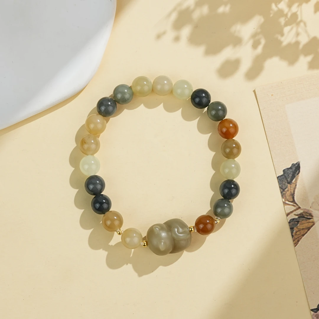 周西西精美18K和田玉多宝糖玉趴趴猫手串8mm百搭多样性发货20403