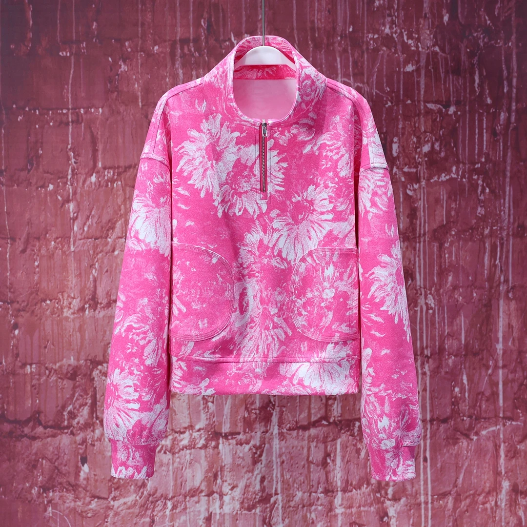 【LIANG哥女装】2025欧货粉色太阳花印染半拉链休闲卫衣6197A