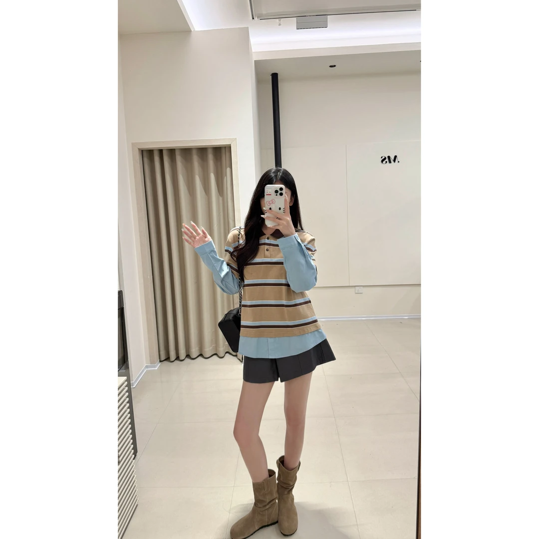 韩系甜美条纹拼接显瘦百搭减龄长袖衬衫2025秋新款