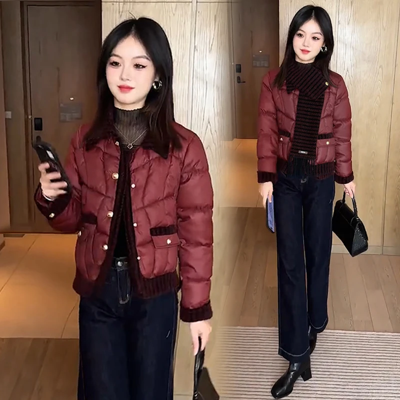 小香风羽绒棉服女2025冬季新款时髦洋气短款小个子带围巾棉衣外套
