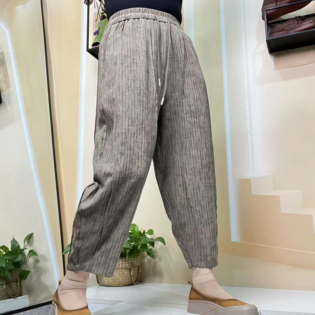 时尚站（B2）女士夏季松紧腰条纹简约八分休闲裤8997