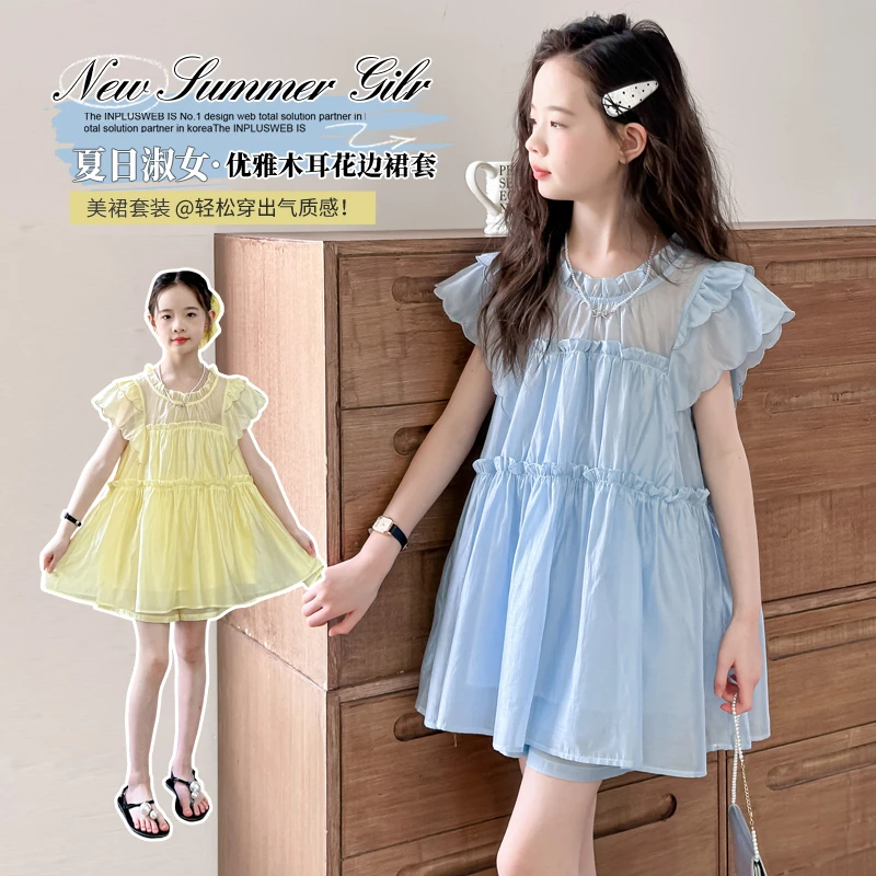 女童夏款飞袖刺绣套装中大童韩版甜美飞袖短裤时尚6-12岁两件套潮