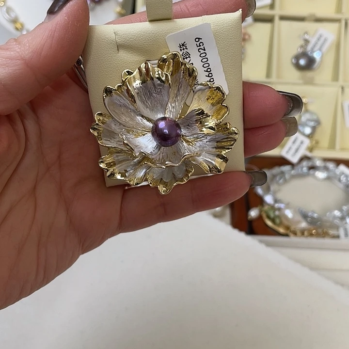 胸饰合金淡水珍珠芙蓉花大胸针妖紫色圆巴