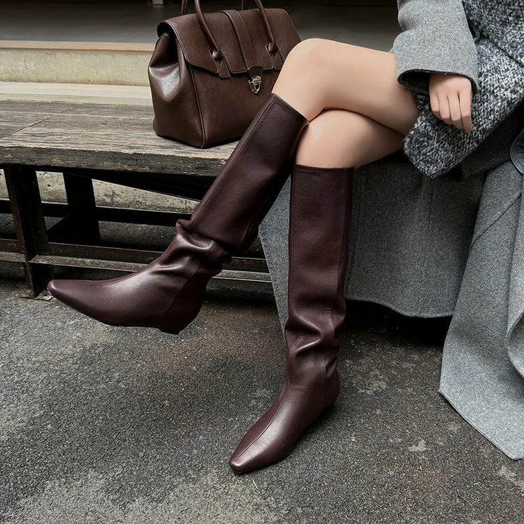 成都手工定制真皮女鞋2025方头气质瘦瘦靴内增高骑士靴直筒563