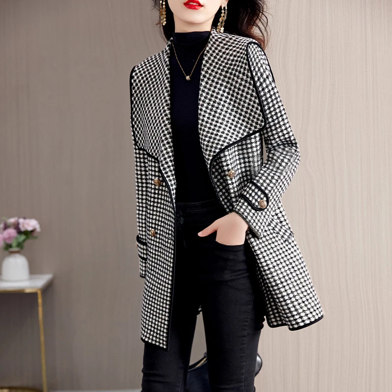千鸟格小香风腰带中长款海军领宽松百搭洋气时尚外套T119