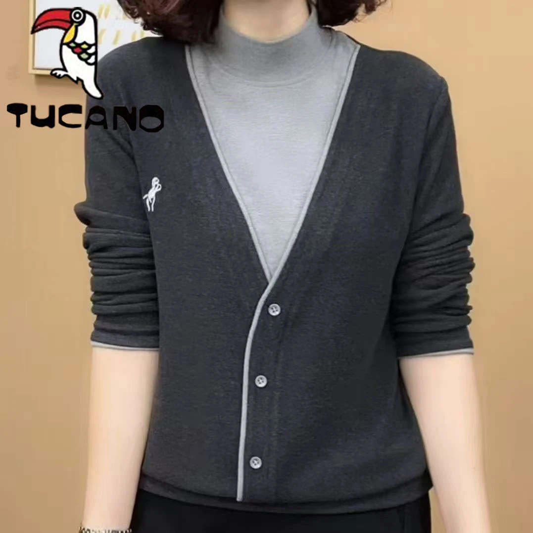 啄木鸟百搭假两件T恤女内搭保暖秋冬德绒半高领减龄套头上衣ins