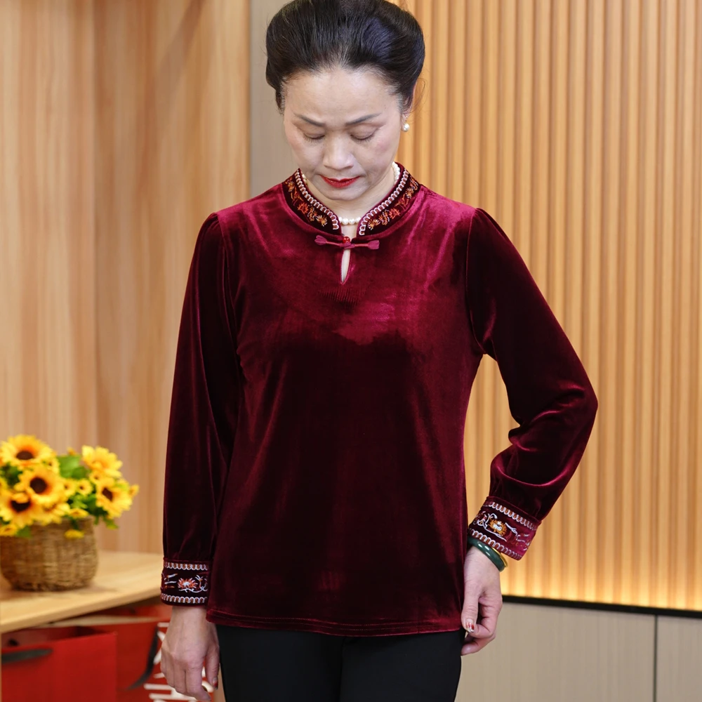 大码妈妈装洋气立领金丝绒小衫2025春新款中老年绣花国风盘扣上衣