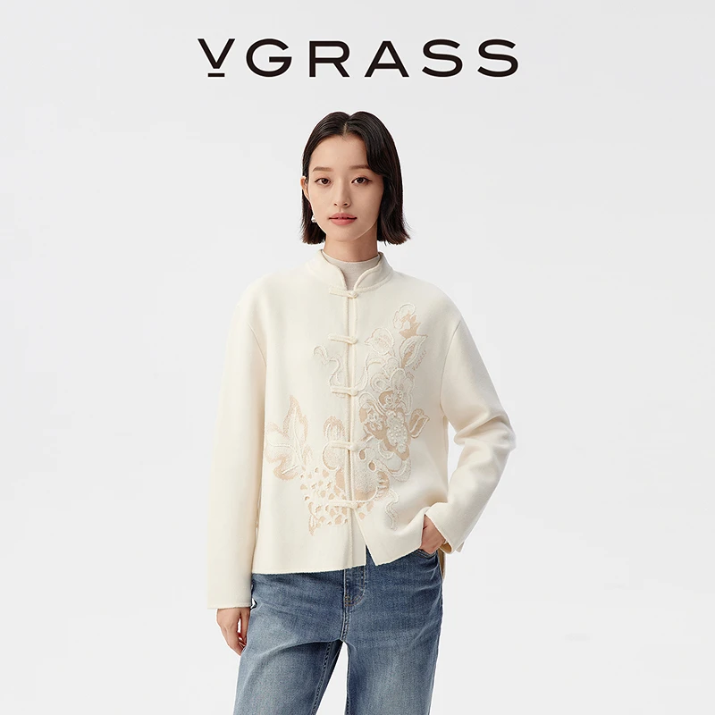 VGRASS维格娜丝冬新款100美利奴羊毛艺术针织开衫VZO1P4487A