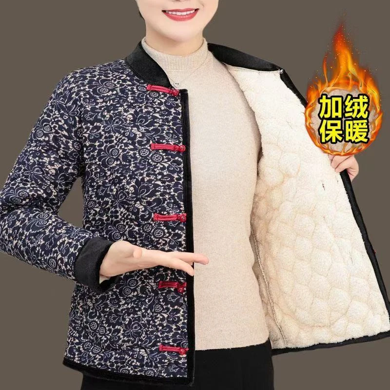 中国风中老年妈妈装外穿保暖加绒大码女士老年人棉袄碎花