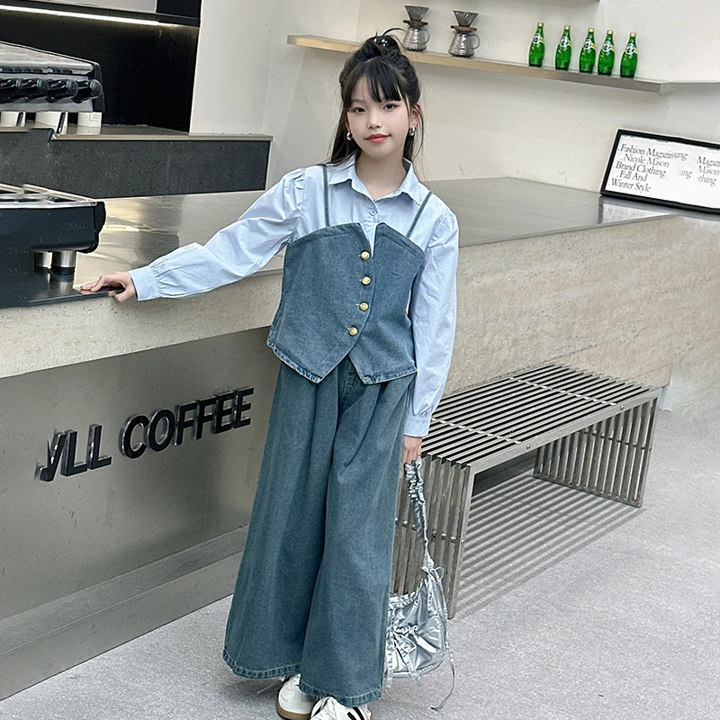 女童春装套装洋气时髦衬衫拼接牛仔上衣休闲时尚阔腿牛仔裤两件套