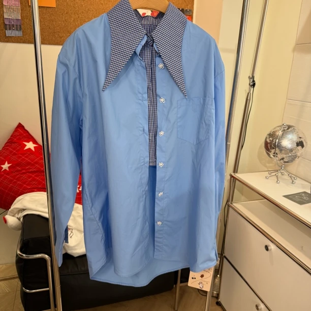 2025早春款 拼色格子翻领宽松大码简约百搭显瘦长袖衬衣