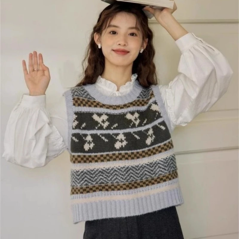 秋冬提花羊毛马甲时尚拼色韩版针织马甲气质百搭甜美圆领无袖马夹