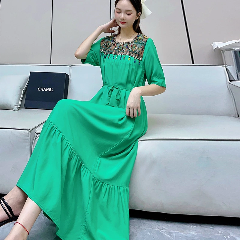 200斤胖MM大摆裙大码女装棉绸连衣裙民族风圆领短袖沙滩长裙