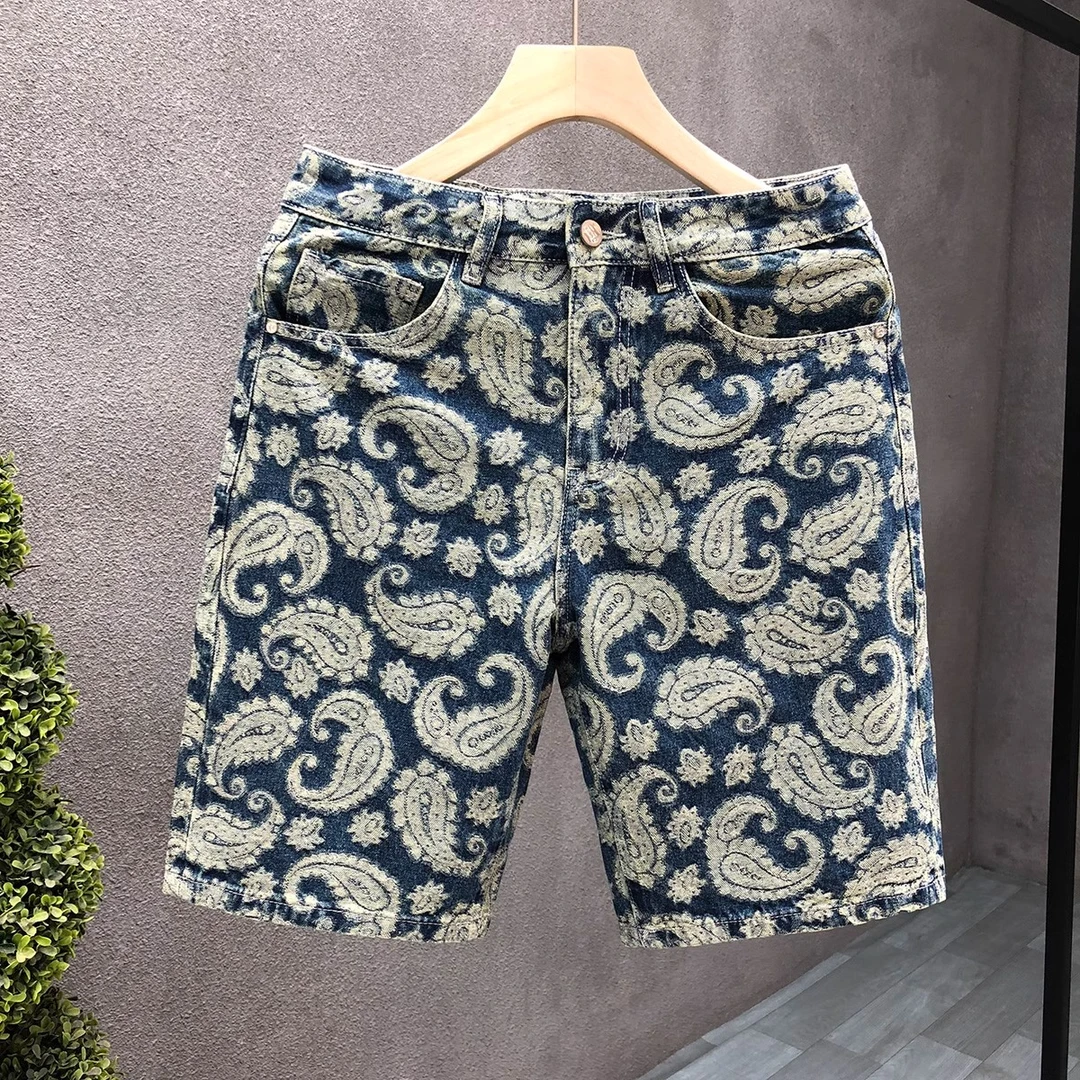 流行腰果花牛仔短裤男潮牌直筒5五分裤2025夏季新款男士痞帅中裤