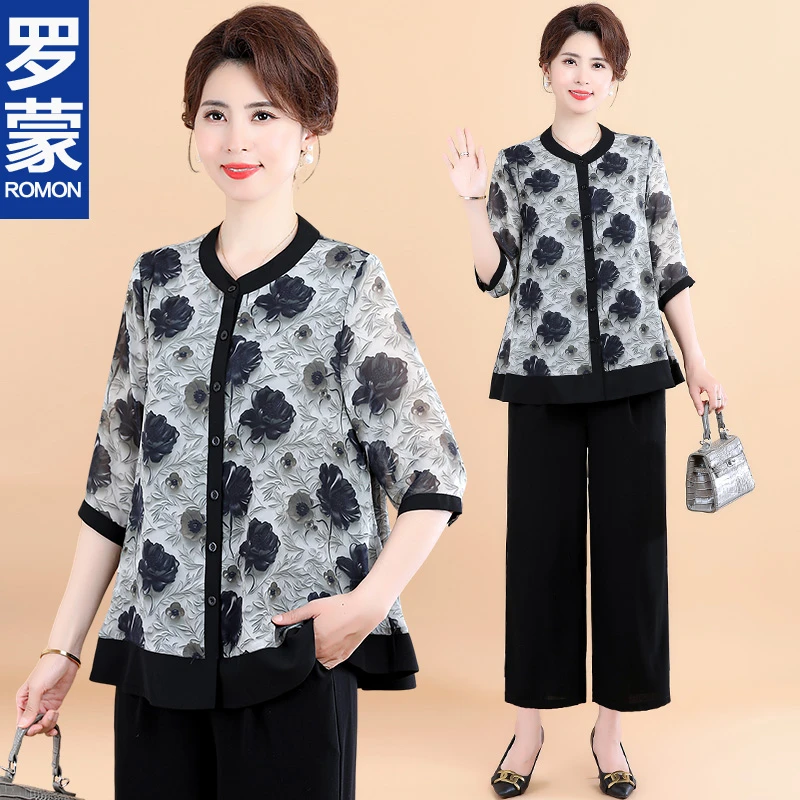 罗蒙中年妈妈夏季洋气新款雪纺套装中老年人女装七分袖宽松上衣服