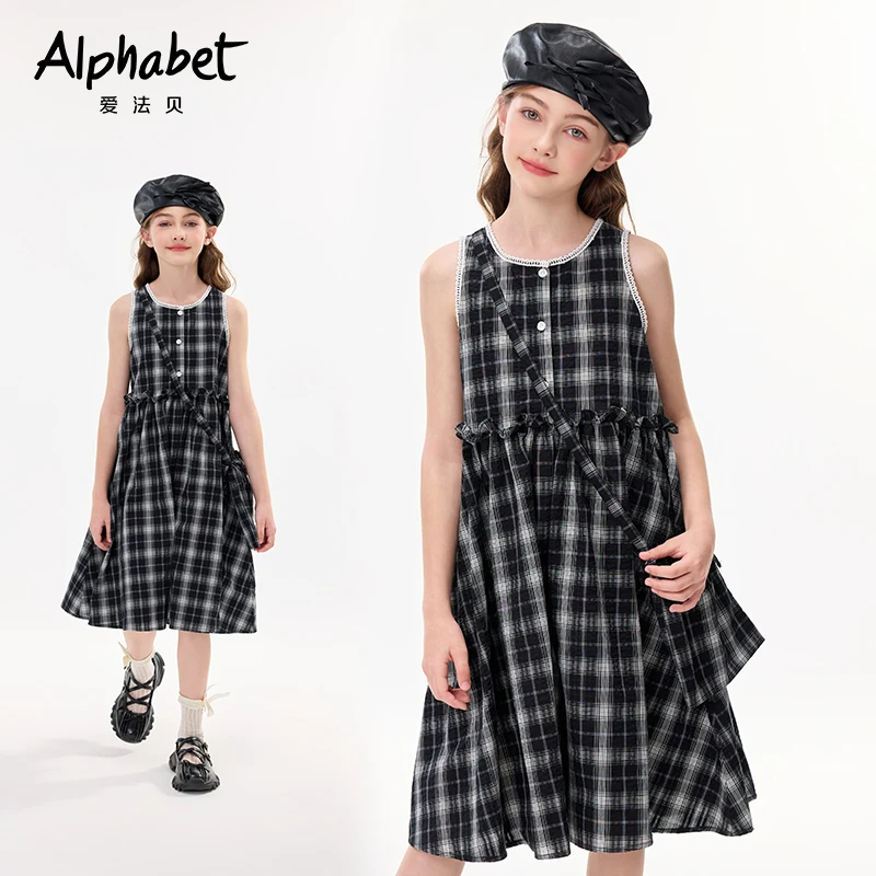 2025新款爱法贝女童纯色格子夏季女公主风连衣裙童装吊带夏装时尚