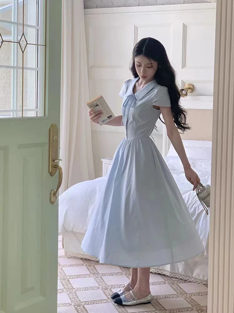法式温柔风娃娃领衬衫连衣裙女夏季高级感收腰显瘦A字长裙子