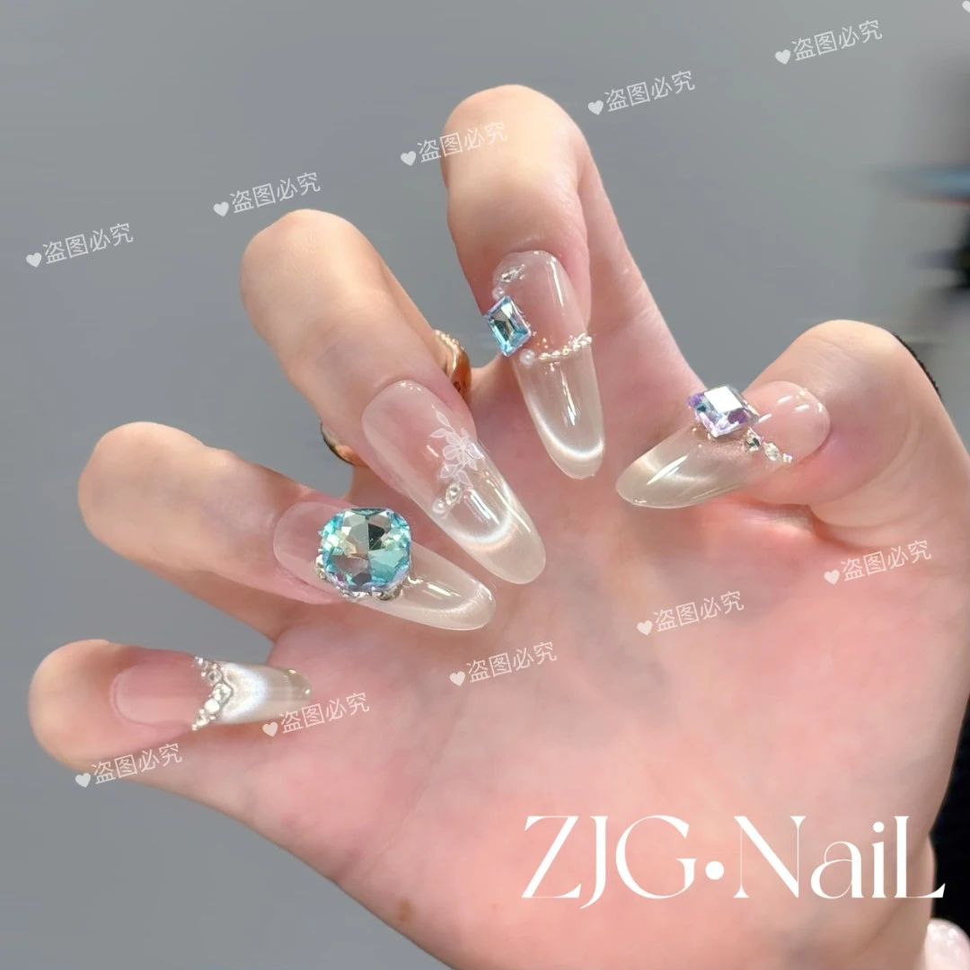 【冰晶海棠】猫眼款纯手工穿戴甲美甲-10片-反复佩戴（有收纳盒）