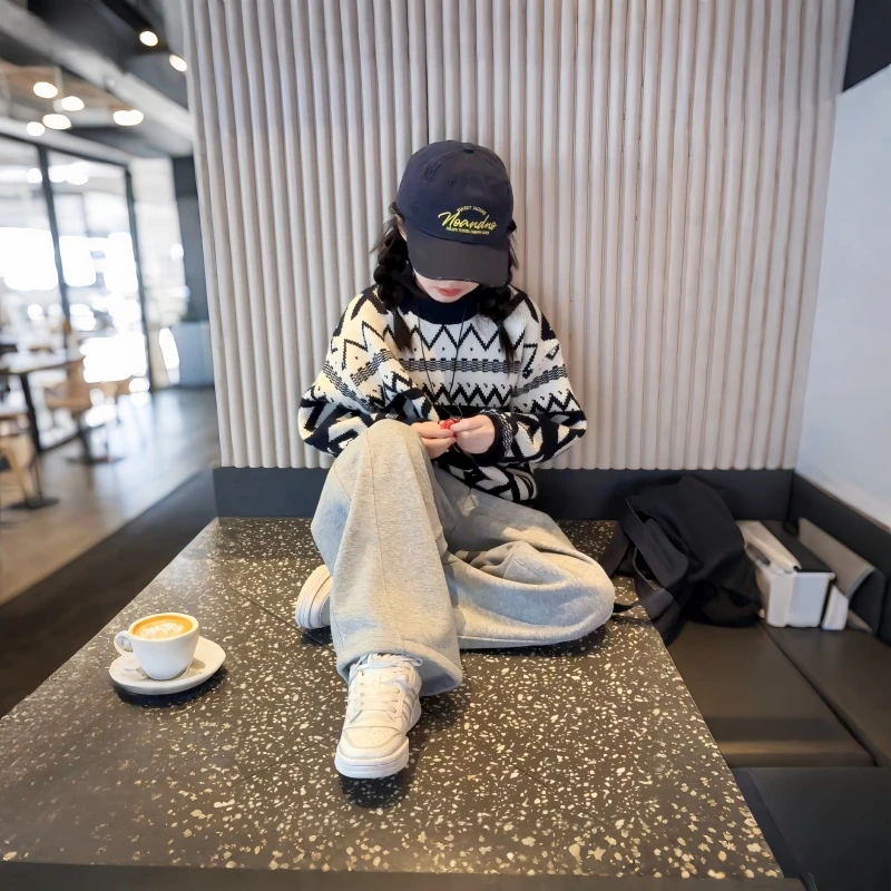 女童秋冬季毛衣套装2025新款女大童加绒阔腿裤儿童弯刀裤两件套潮
