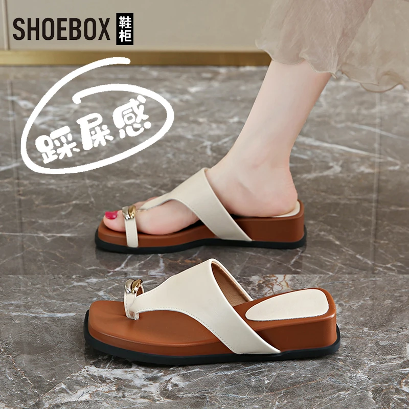 SH0EBOX鞋柜法式配裙子方头人字拖女2025夏外穿复古夹趾凉拖鞋