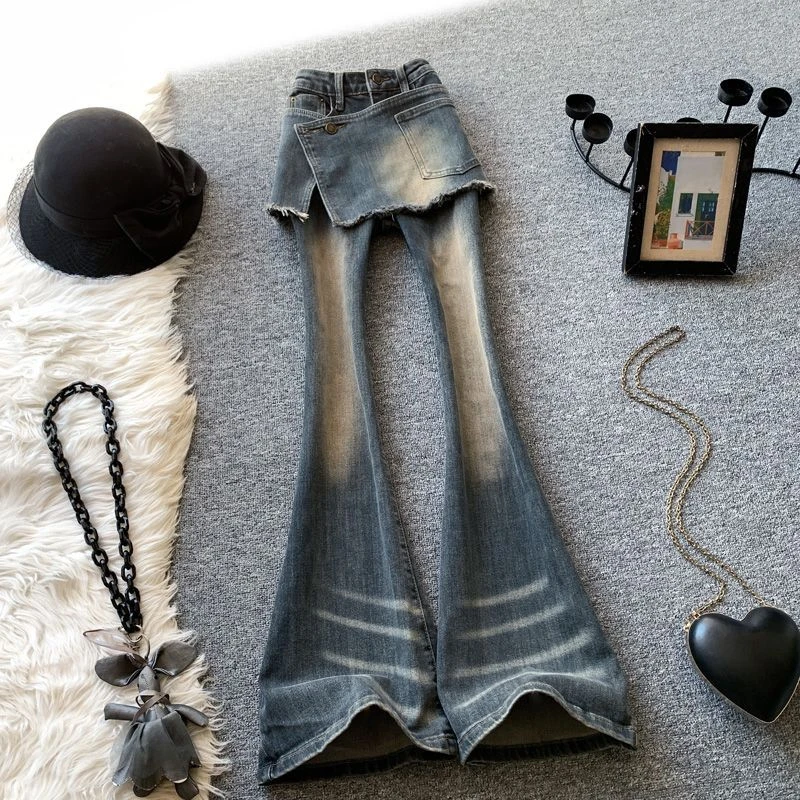 复古做旧假两件微喇牛仔裤女秋季高腰裙裤一体显瘦紧身拖地马蹄裤