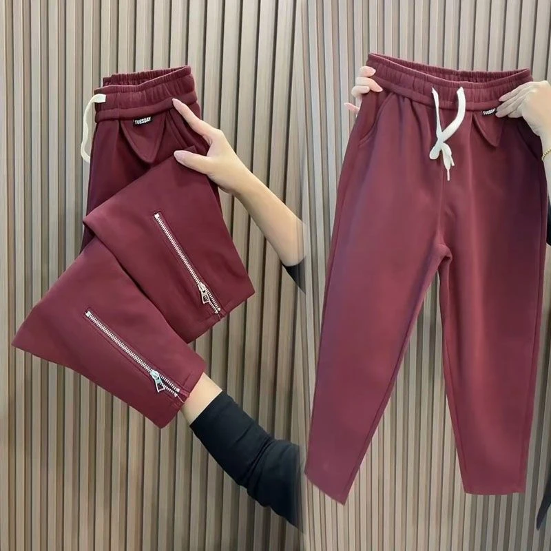 欧货小个子加绒加厚裤女秋冬运动休闲宽松显拉链扣哈伦束脚卫裤女