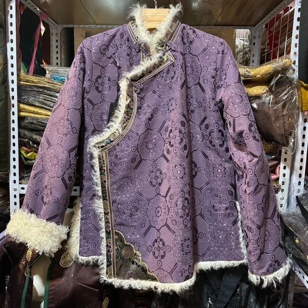 女士藏式雪尼尔人造毛加厚外套冬季保暖宽松民族风羊羔毛边藏服