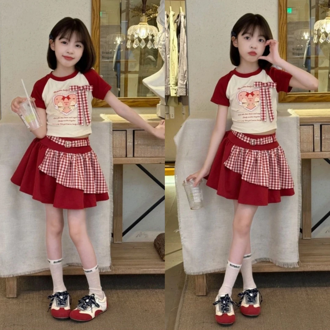 女童装夏季时髦洋气套装中大儿童女孩格子拼色短袖半身裙两件套潮