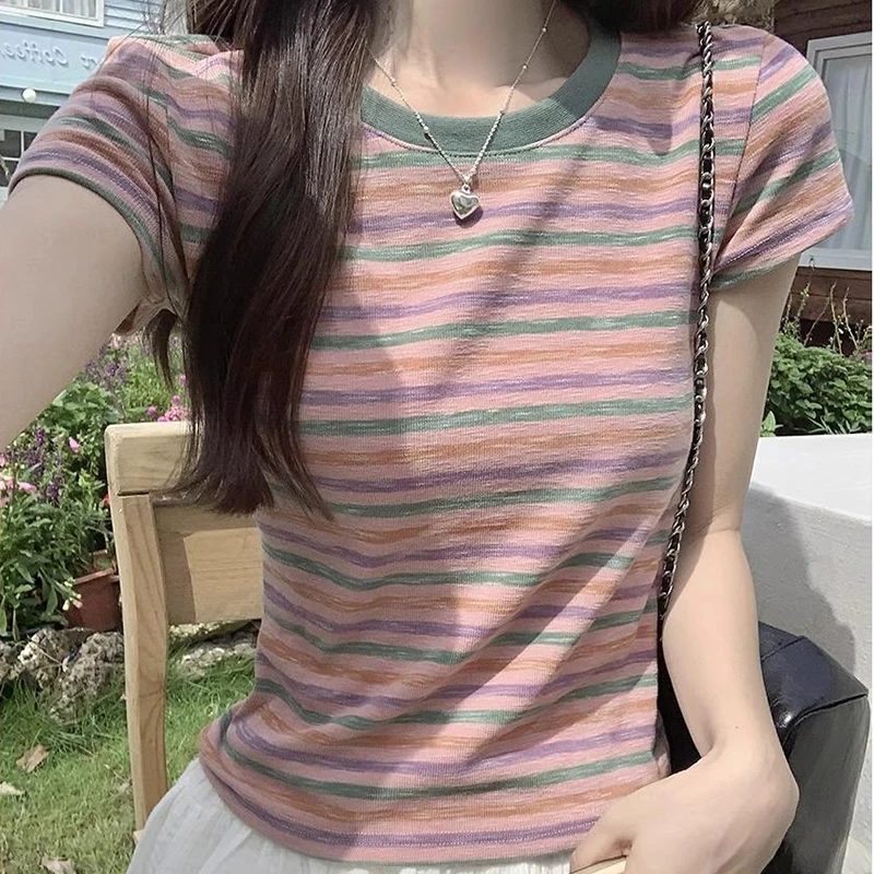 2025新款少女风圆领条纹短袖T恤修身百搭夏季洋气半袖3080