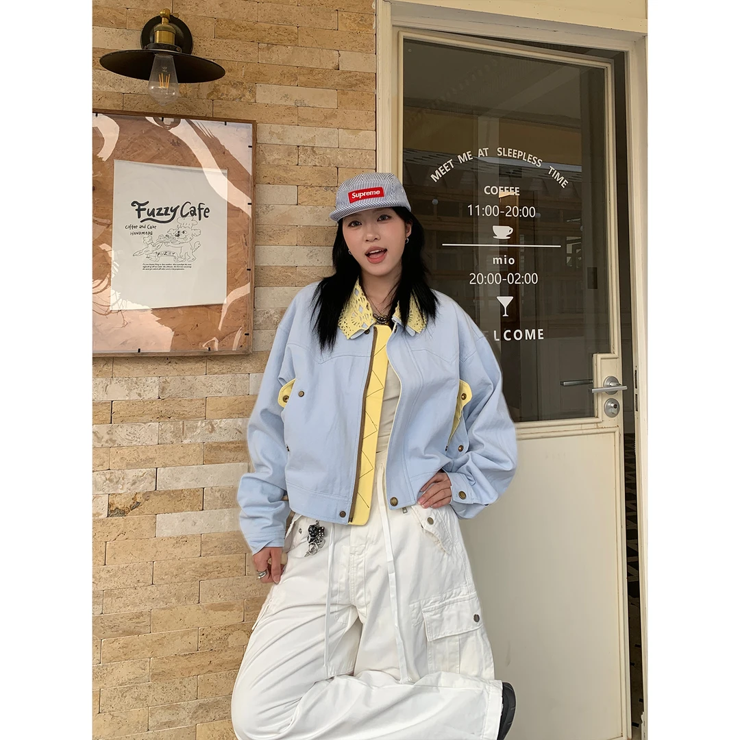 木子羊 美式复古假两件双层翻领短款外套女设计感宽松夹克潮