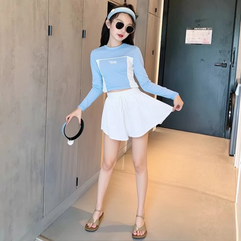 女童拼色分体游泳衣2025新款夏季中大童休闲度假长袖防晒分体泳装
