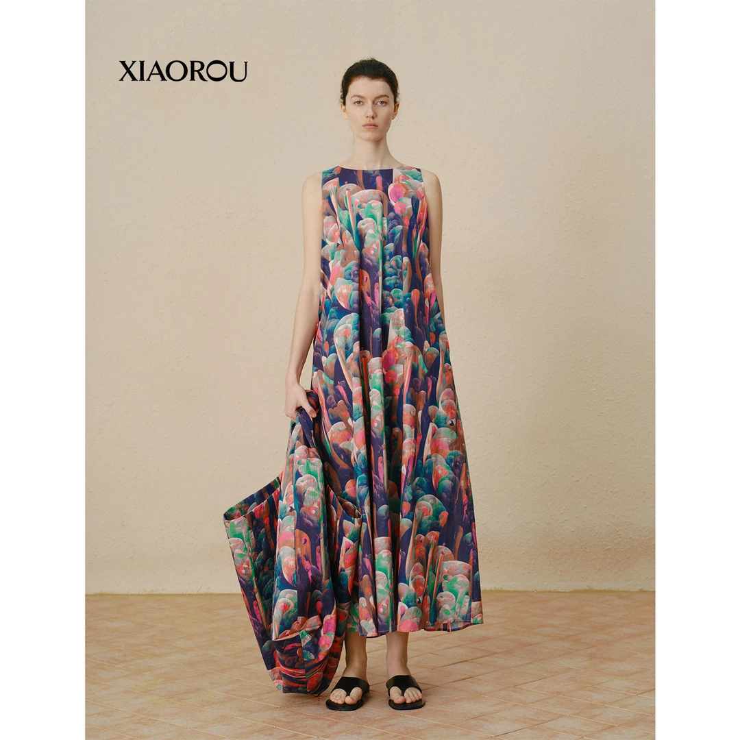 XIAOROU/小柔【爱神庄园】GD001法式浪漫粉紫色印花度假风连衣裙