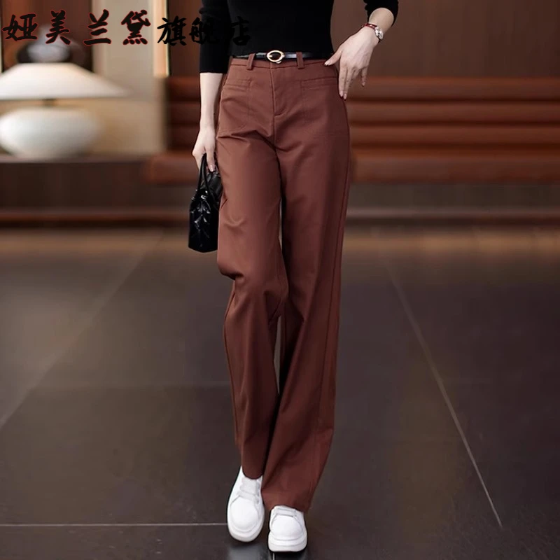 焦糖色窄版阔腿裤女春秋季2025新款高腰显瘦女裤宽松休闲直筒裤子