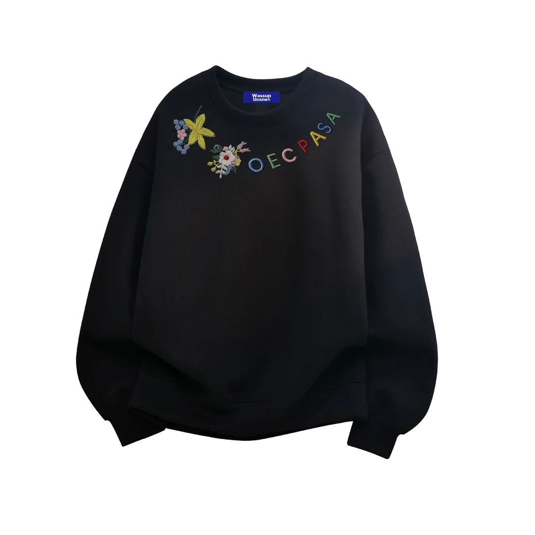 加绒加厚刺绣圆领秋冬季2025新款卫衣男款宽松套头无帽情侣装上衣