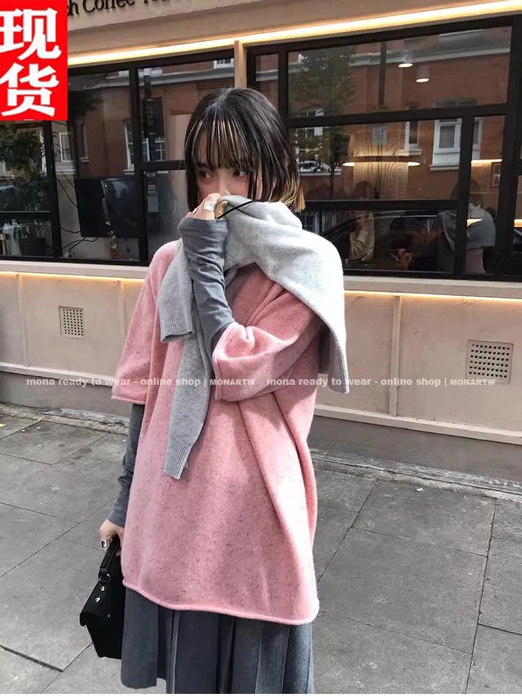 MONA 50羊毛 灰色粉色oversize短袖针织衫上衣女内搭外穿小个子