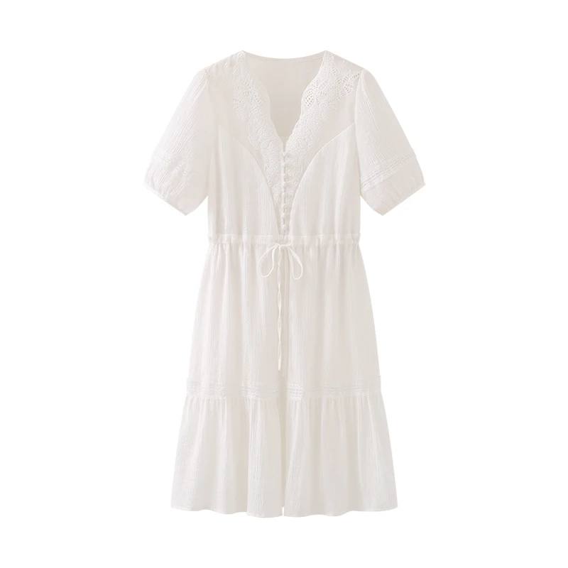 V领蕾丝拼接花边设计感收腰短袖连衣裙女气质法式长裙子
