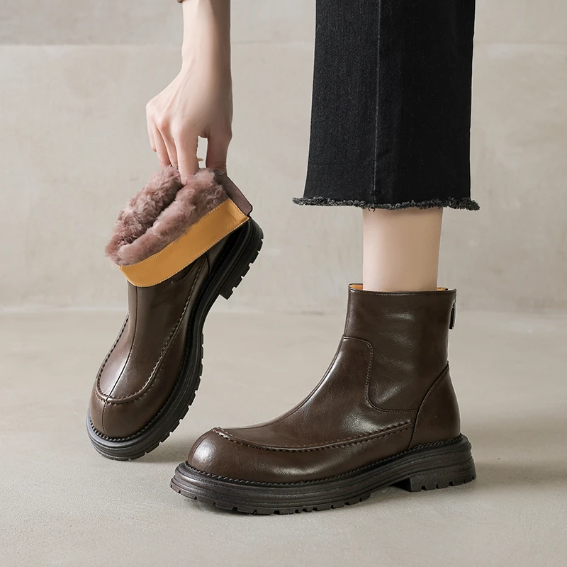 牛皮圆头马丁靴防滑秋冬瘦瘦靴厚底时尚加绒粗跟时装靴法式短靴女