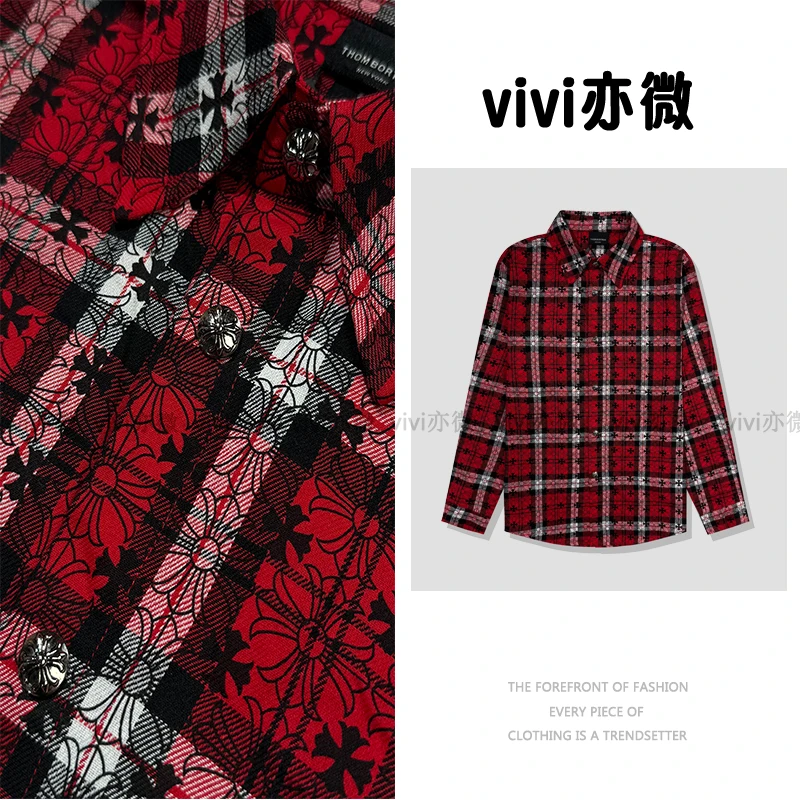【vivi亦微  |】-十字架经典格子暗纹长袖衬衫时尚男女同款-XX260