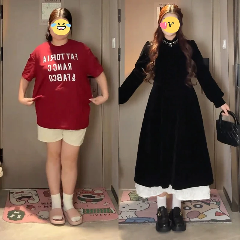 高级感黑色丝绒连衣裙2025秋季新款大码胖mm蕾丝下摆法式复古长裙