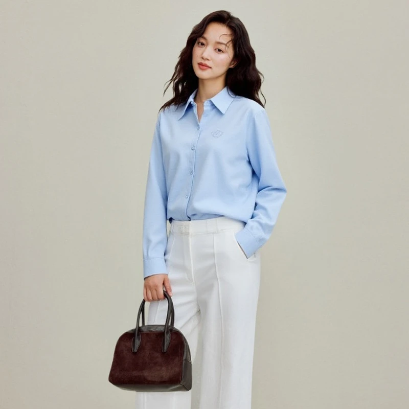 茵曼2025秋季新款简约职业百搭休闲衬衫亚麻棉通勤长袖衬衣