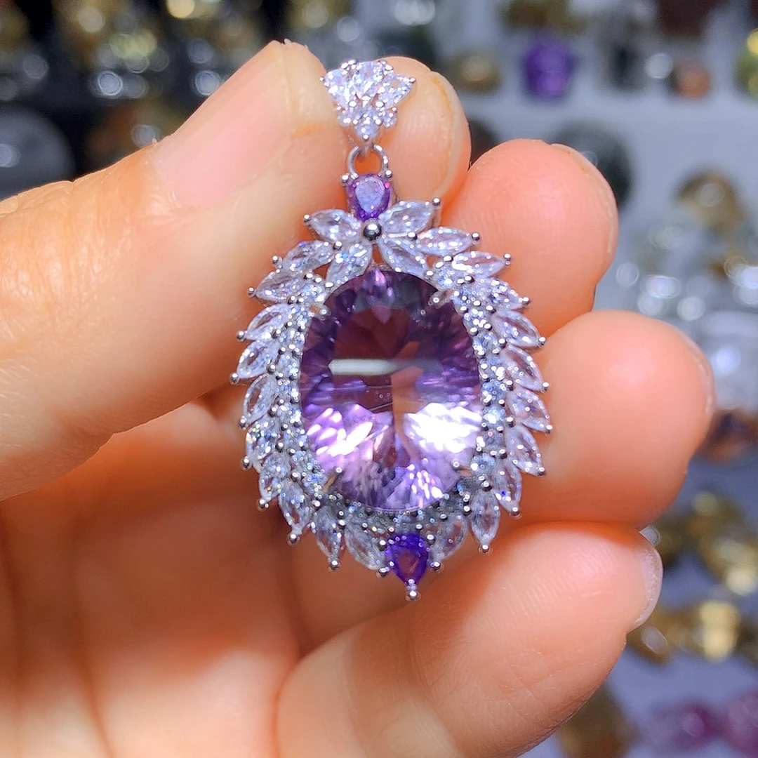 水晶吊坠银S925镶嵌天然水晶