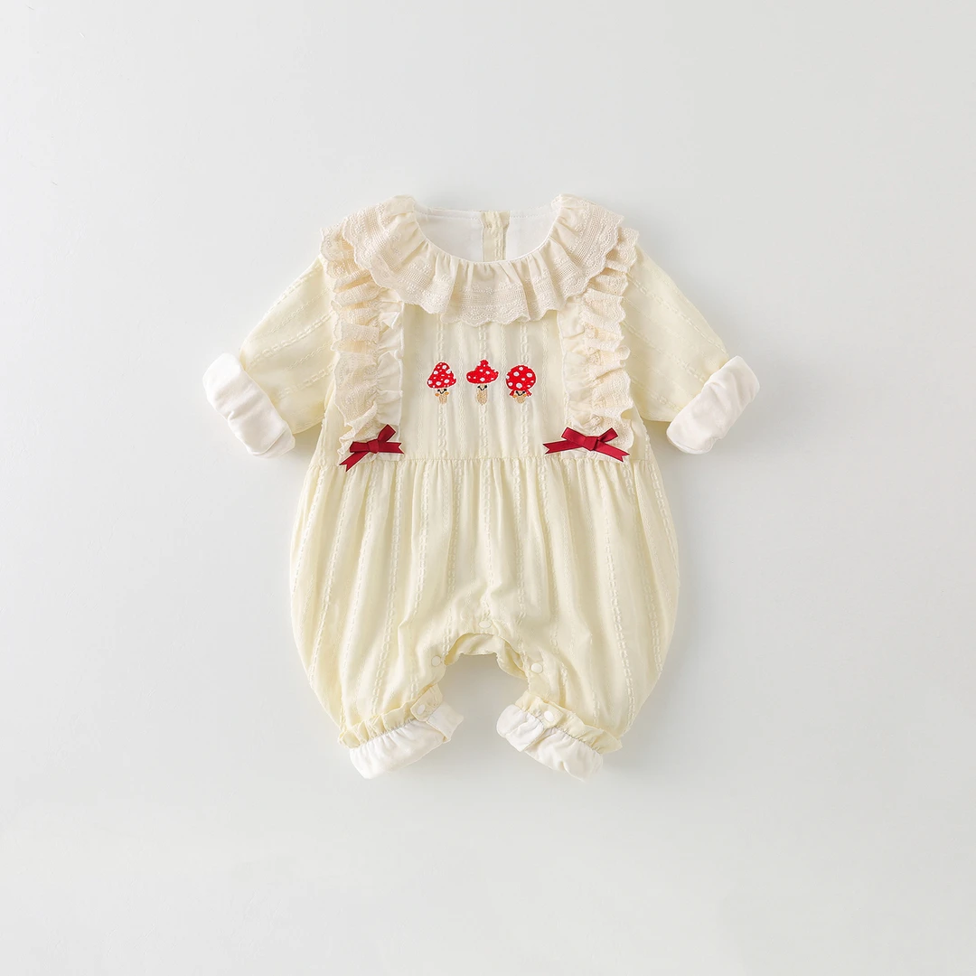 婴儿春秋装连体衣洋气女宝双层早秋爬服花边领0-1岁公主满月哈衣