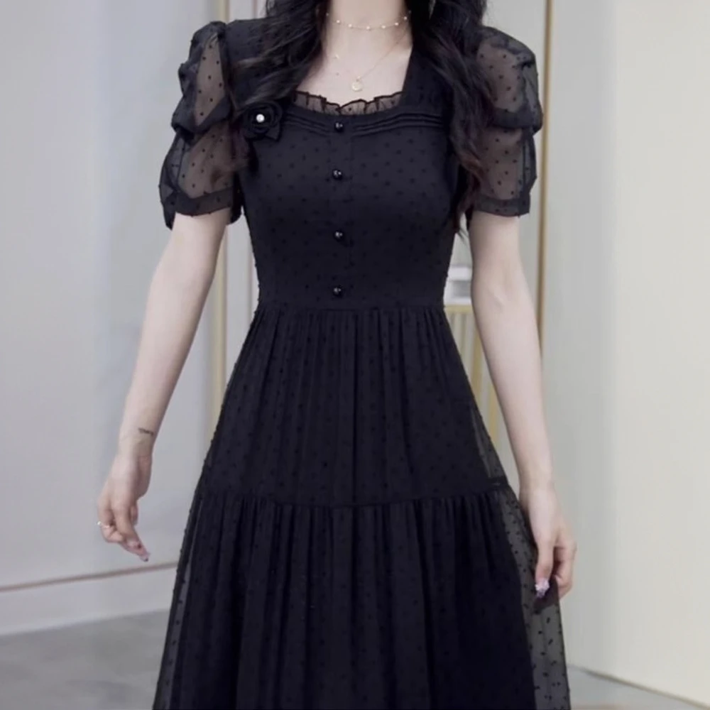 网纱蕾丝拼接连衣裙女夏季时尚高级收腰修身设计感波点黑色A字裙