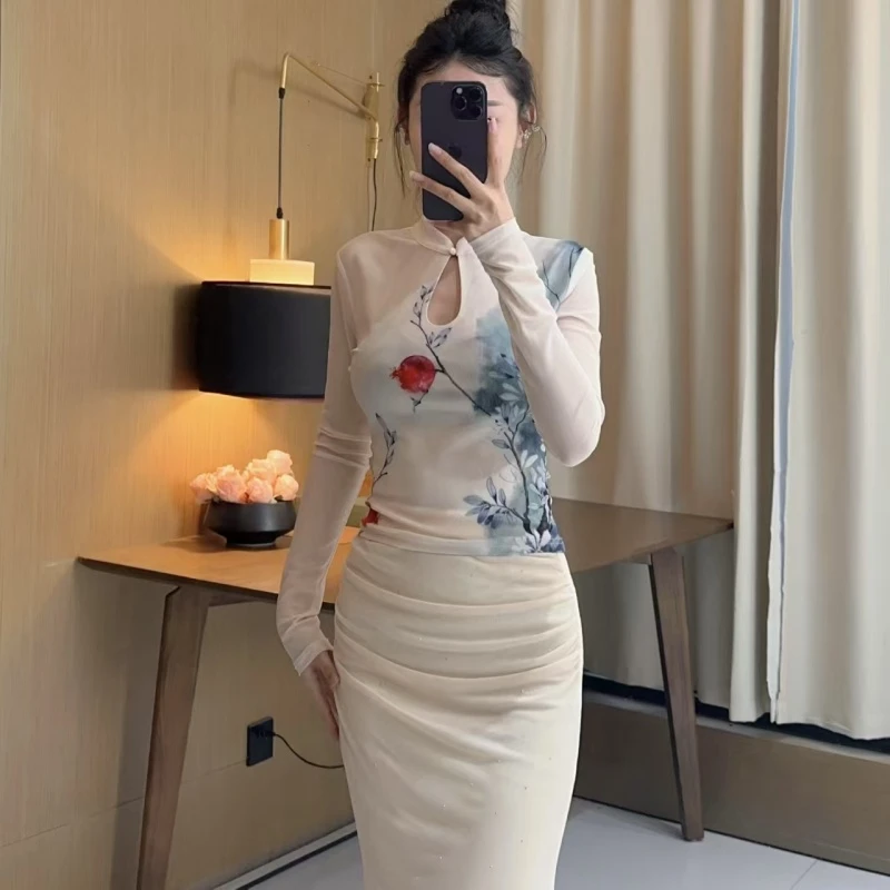 气质女人味轻奢立领长袖定位花花色印花修身性感百搭时尚小上衣