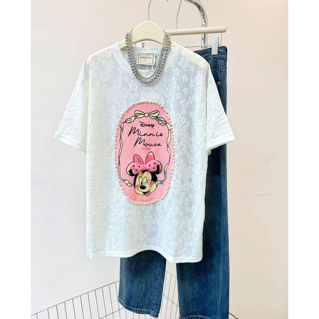 【8345】短袖T恤女2025夏长款宽松卡通小熊玩偶挂件珍珠圆领T恤