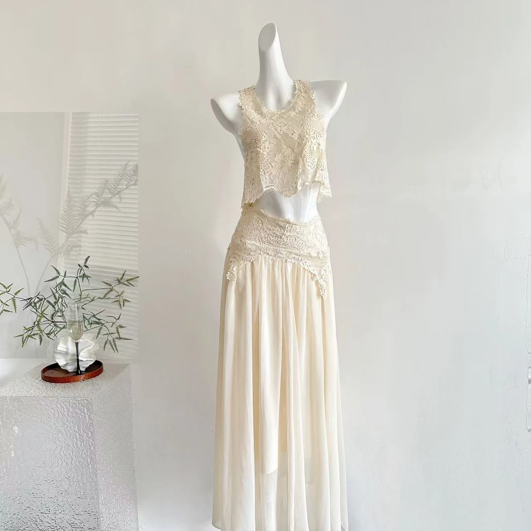 卢浮幻境优雅甜美精致睫毛蕾丝上衣+长裙套装女