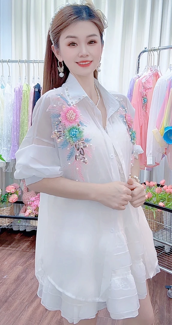 655#  （长款单件）双色花时尚绣花薄款夏季防晒衫