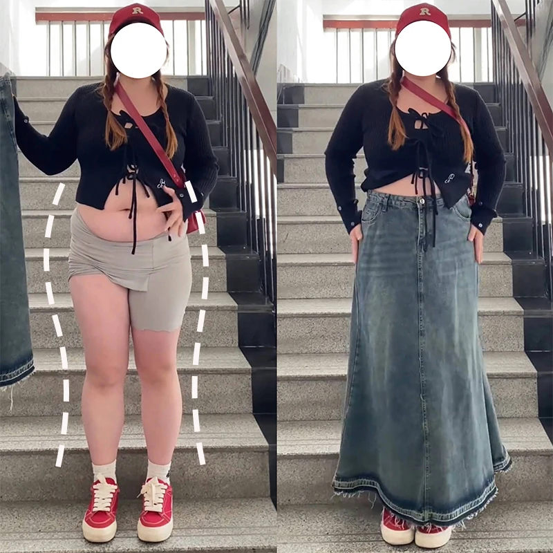 大码牛仔裙女半身裙中长款2025年新款高腰显瘦毛边a字裙包臀裙子