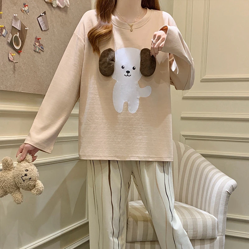 ins甜美风睡衣女春秋季圆领卡通可爱长裤可外穿家居服两件套装