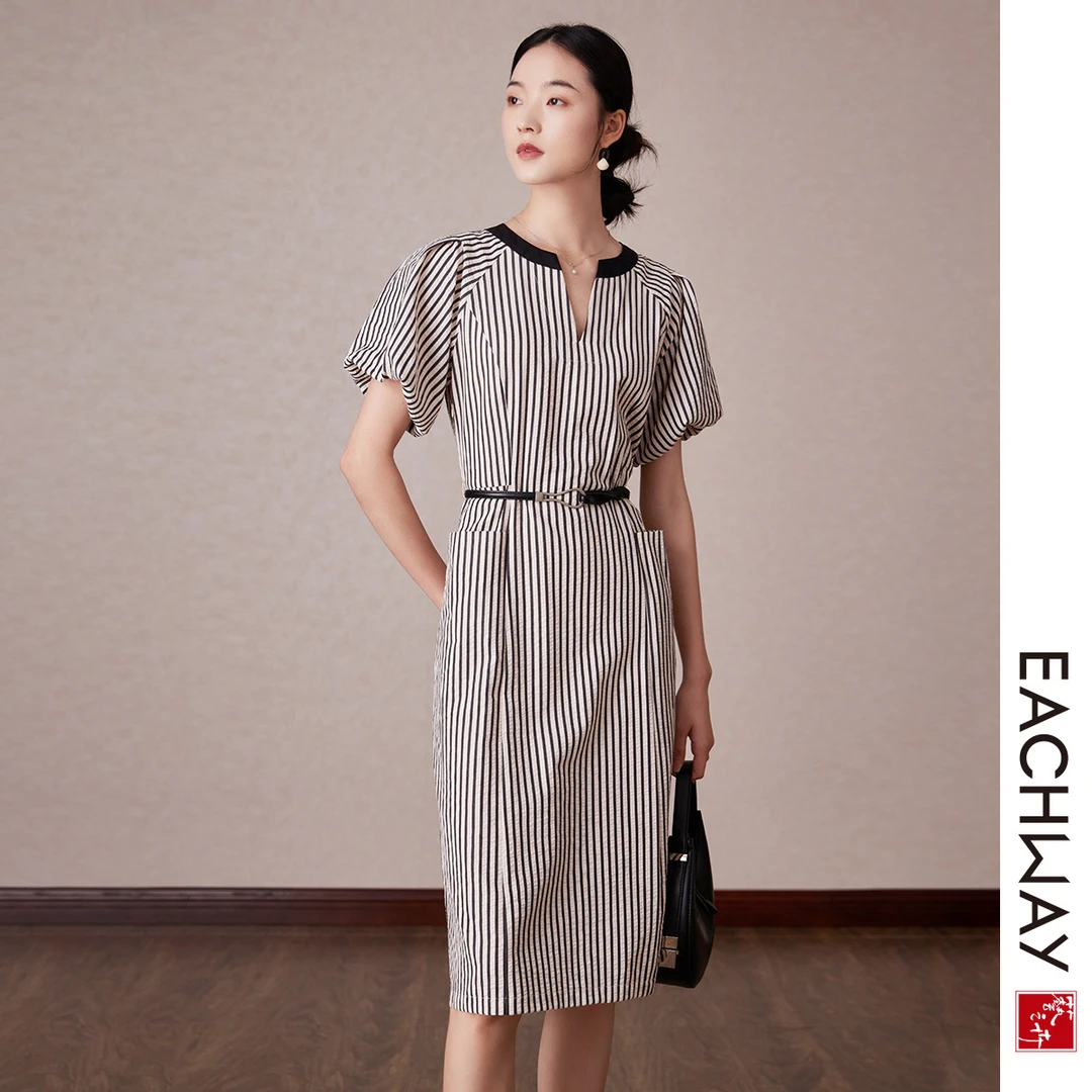 艺之卉【简约休闲棉感连衣裙】气质条纹中长裙夏季时装感裙子女